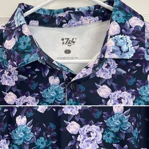 1764 Golf Polo Purple Navy Floral All Over Pattern Mens Size L